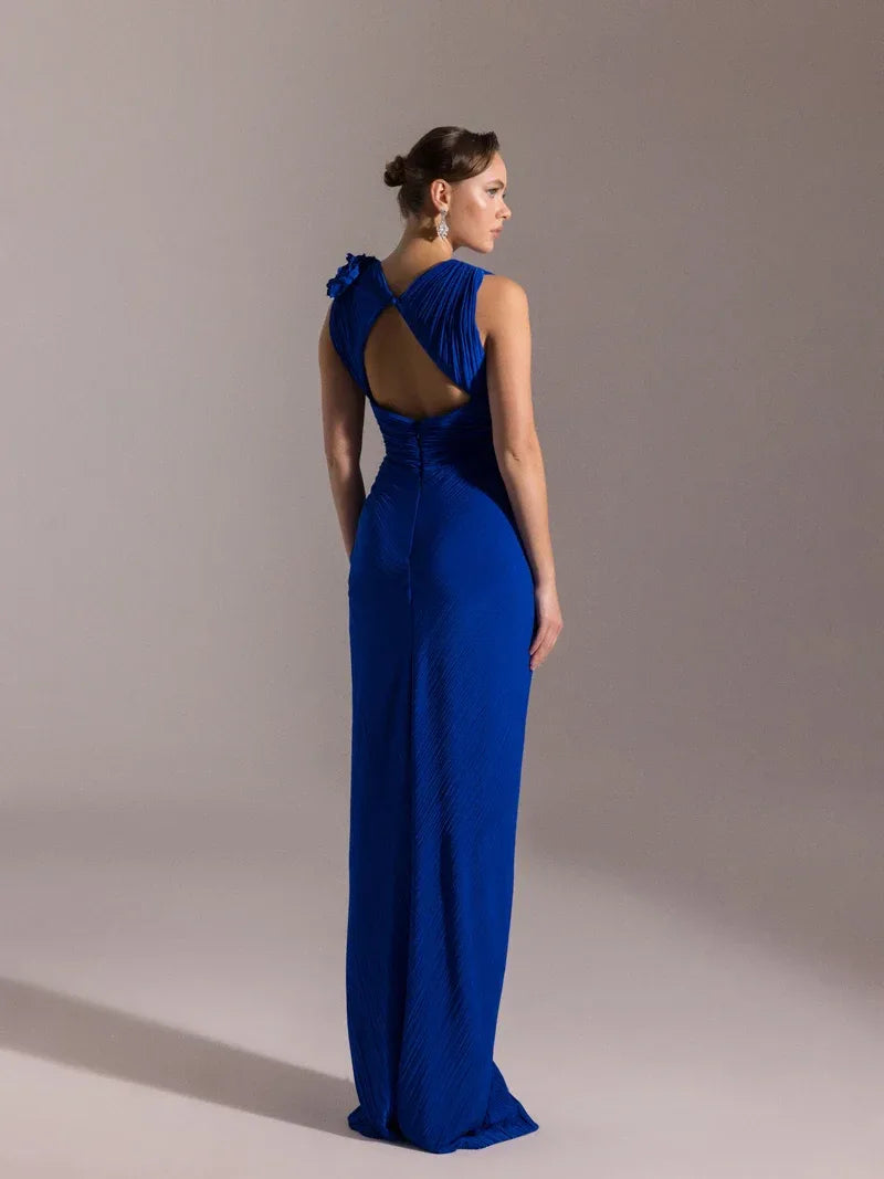 25041-Omuzu Çiçekli Piliseli Abiye Elbise - Kenzel