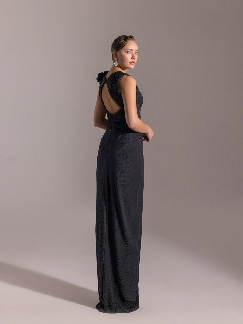 25041-Omuzu Çiçekli Piliseli Abiye Elbise