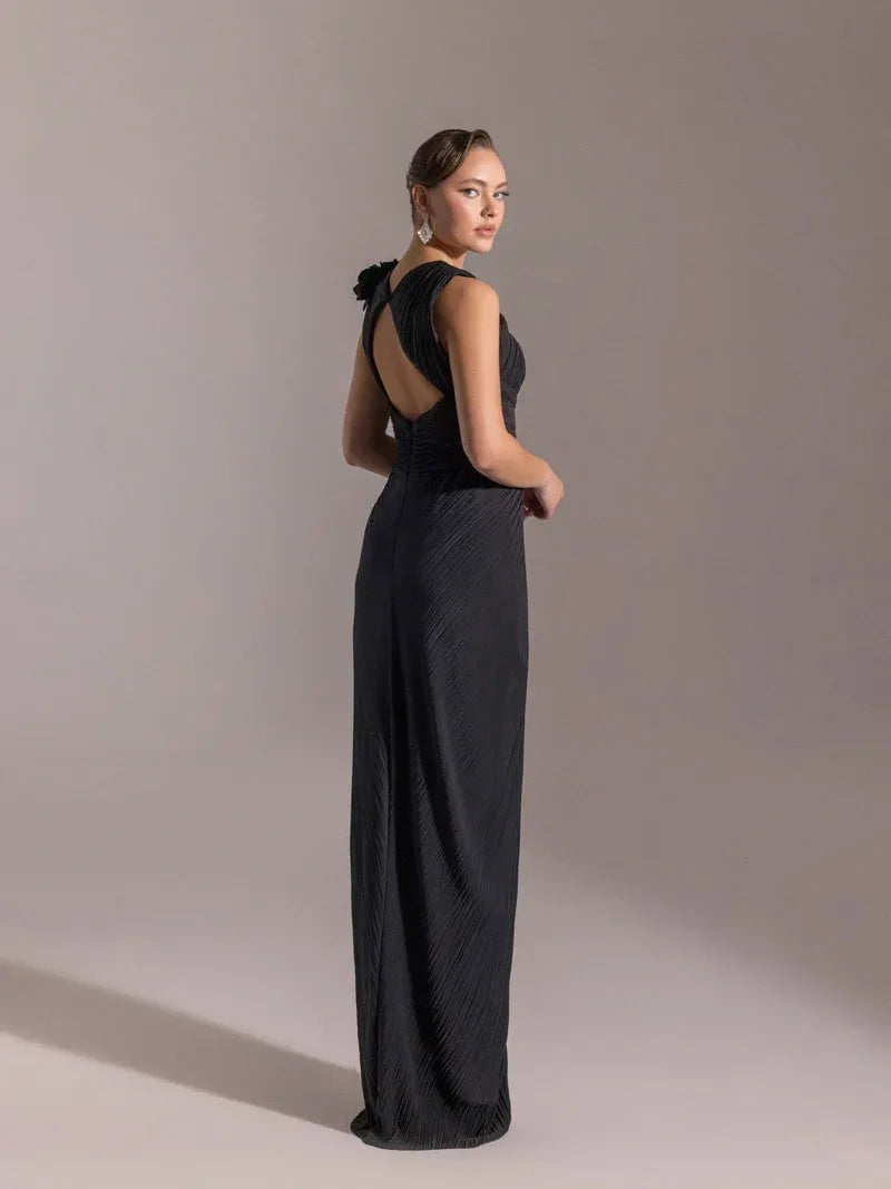 25041-Omuzu Çiçekli Piliseli Abiye Elbise - Kenzel