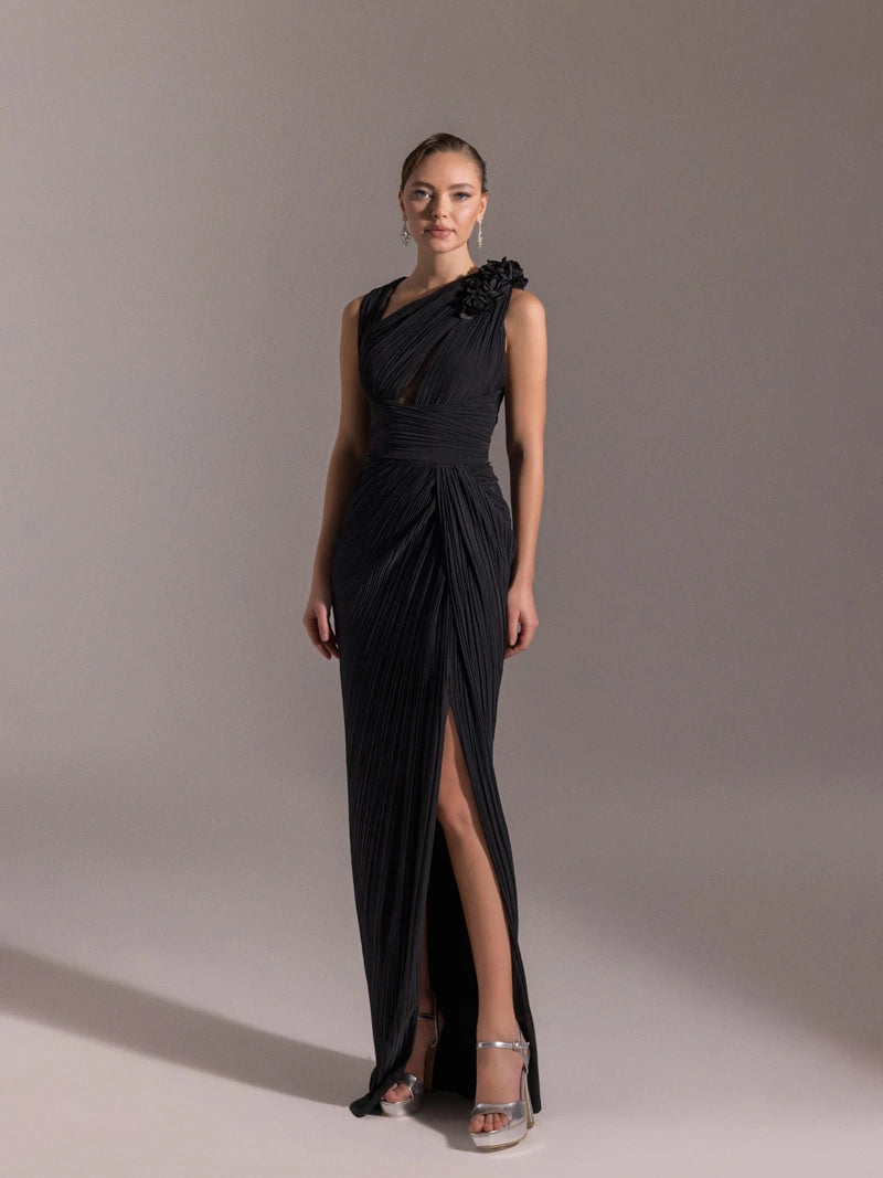 25041-Omuzu Çiçekli Piliseli Abiye Elbise