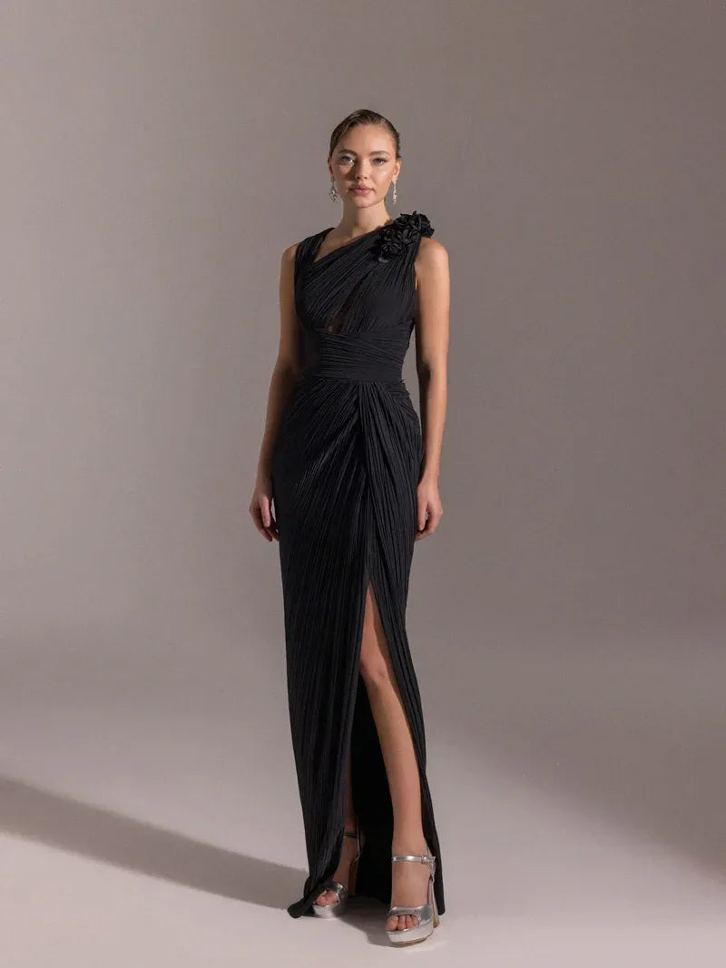 25041-Omuzu Çiçekli Piliseli Abiye Elbise - Kenzel