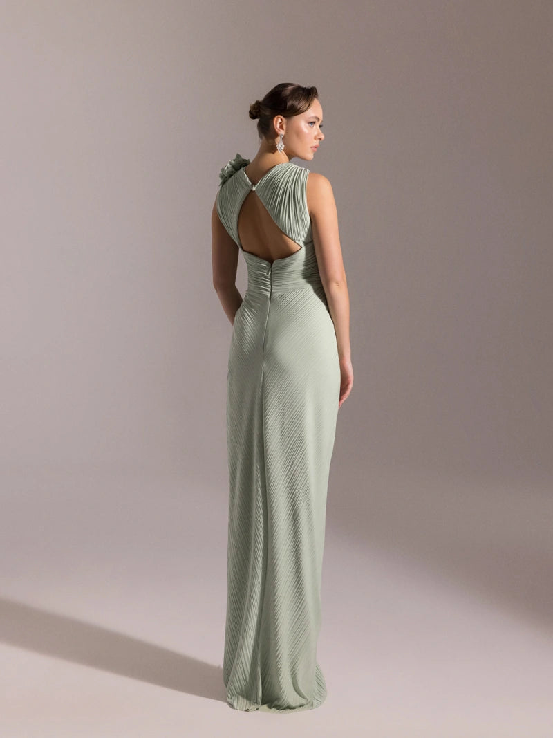 25041-Omuzu Çiçekli Piliseli Abiye Elbise