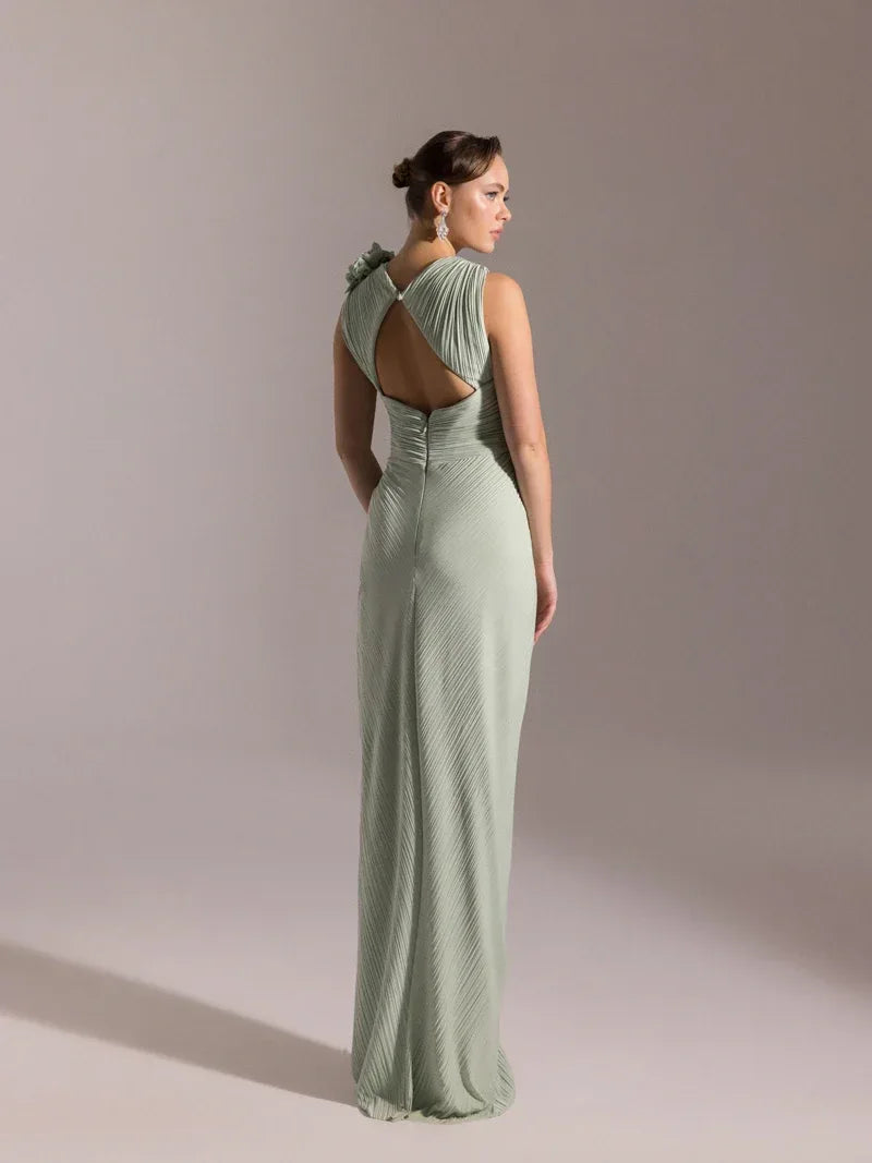 25041-Omuzu Çiçekli Piliseli Abiye Elbise - Kenzel