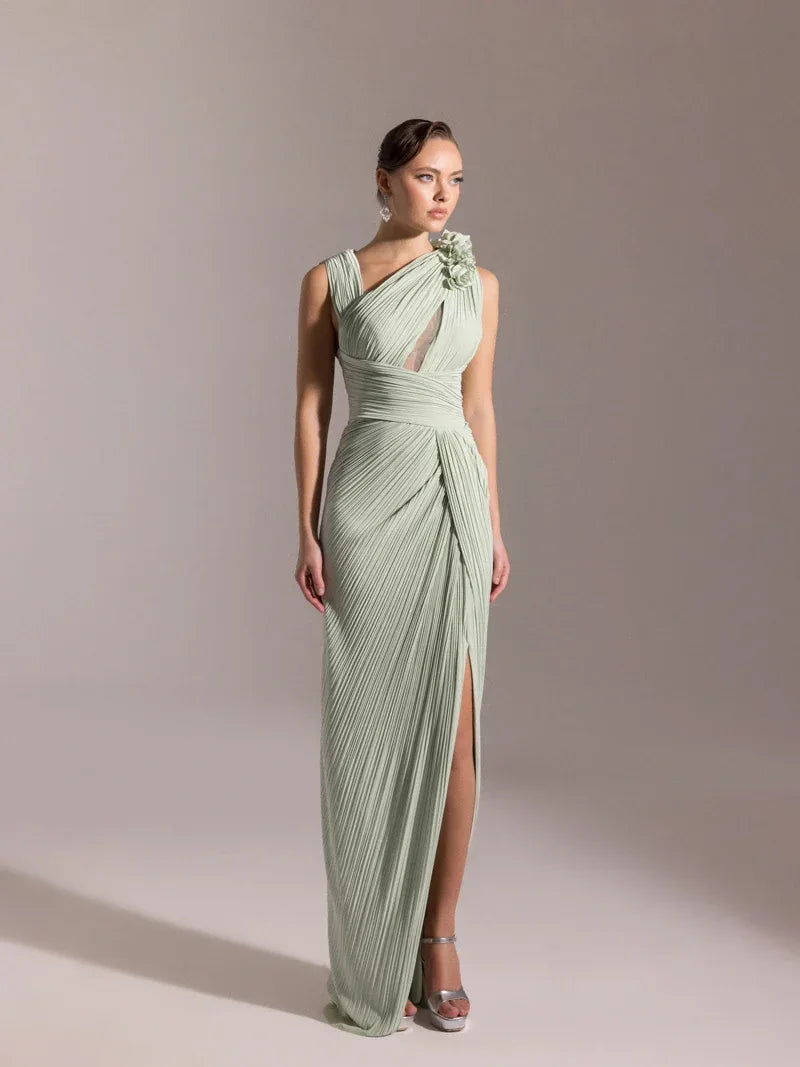 25041-Omuzu Çiçekli Piliseli Abiye Elbise - Kenzel