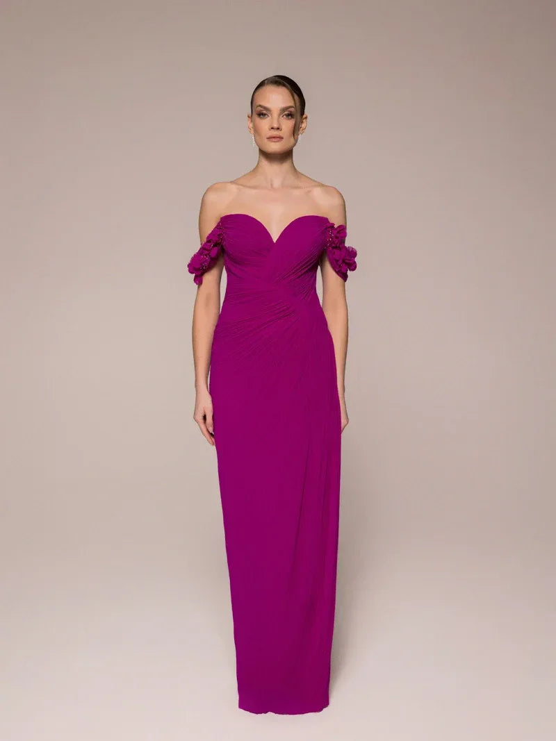 25042-Çiçek Kollu Yırtmaçlı Elbise - Kenzel