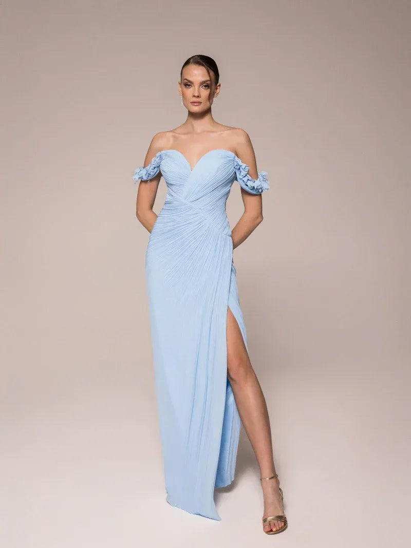 25042-Çiçek Kollu Yırtmaçlı Elbise - Kenzel