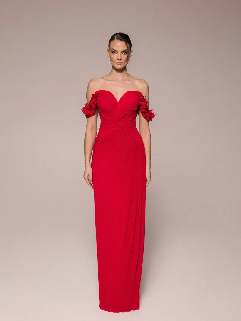 25042-Çiçek Kollu Yırtmaçlı Elbise - Kenzel