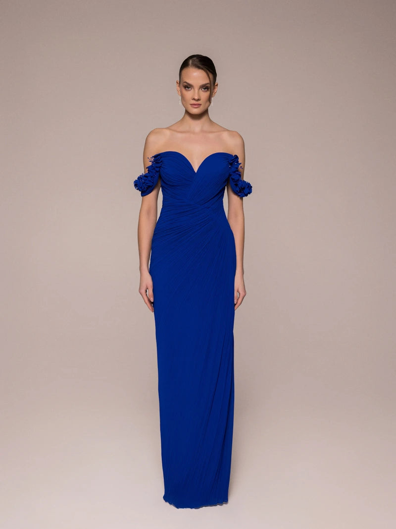 25042-Çiçek Kollu Yırtmaçlı Elbise