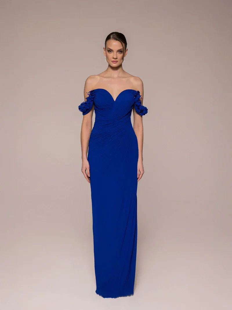 25042-Çiçek Kollu Yırtmaçlı Elbise - Kenzel