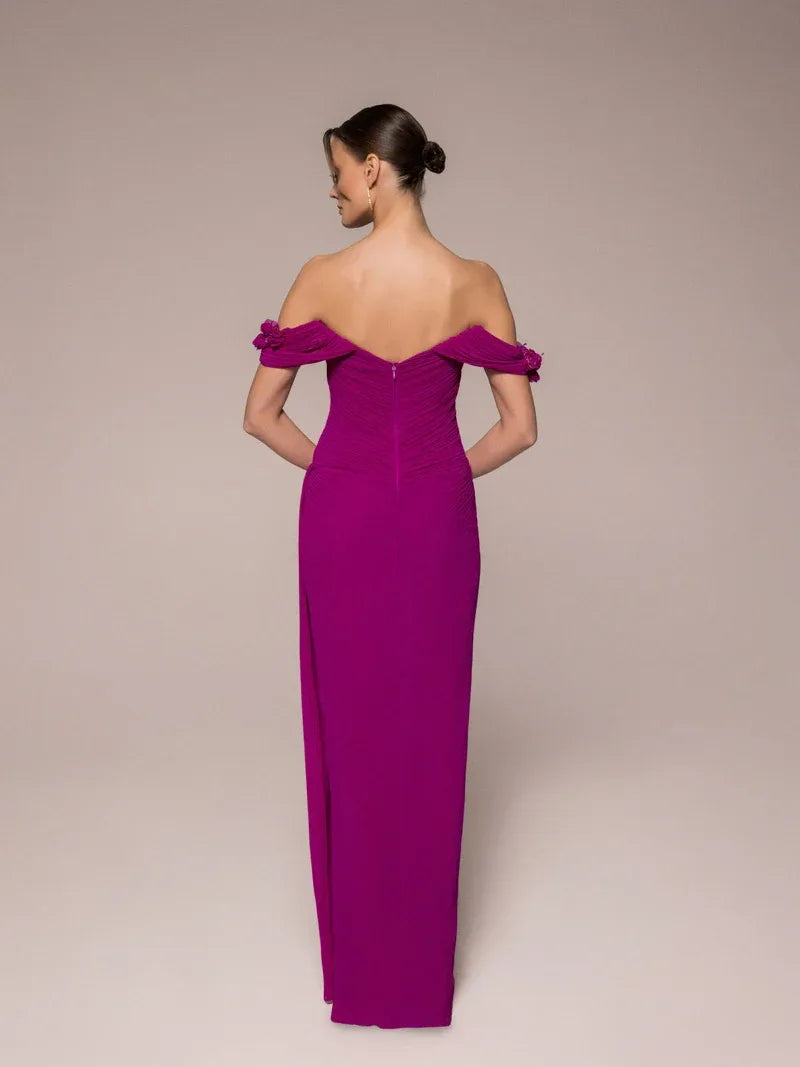 25042-Çiçek Kollu Yırtmaçlı Elbise - Kenzel