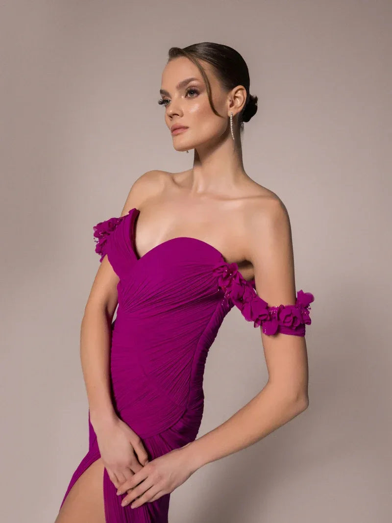 25042-Çiçek Kollu Yırtmaçlı Elbise - Kenzel