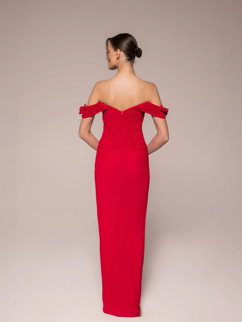 25042-Çiçek Kollu Yırtmaçlı Elbise