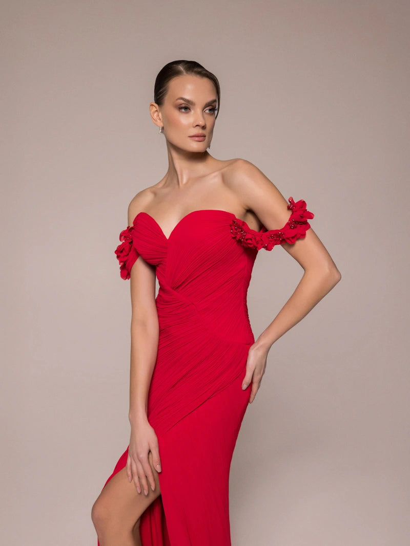 25042-Çiçek Kollu Yırtmaçlı Elbise