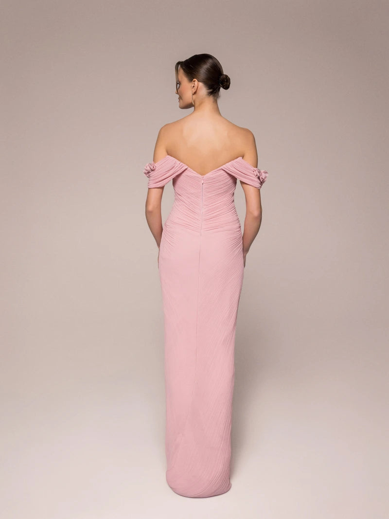 25042-Çiçek Kollu Yırtmaçlı Elbise