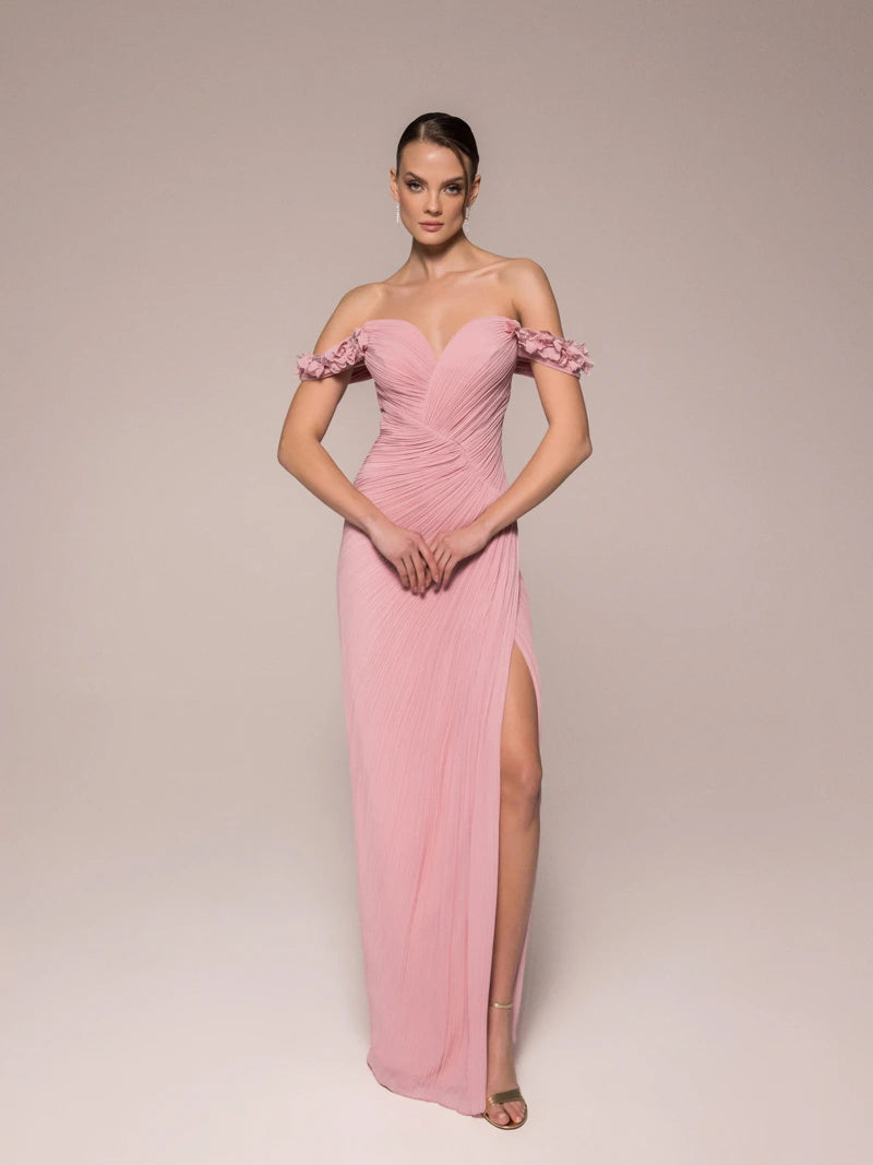 25042-Çiçek Kollu Yırtmaçlı Elbise