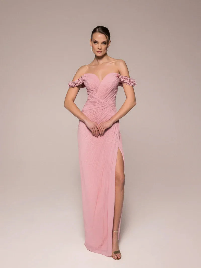 25042-Çiçek Kollu Yırtmaçlı Elbise - Kenzel