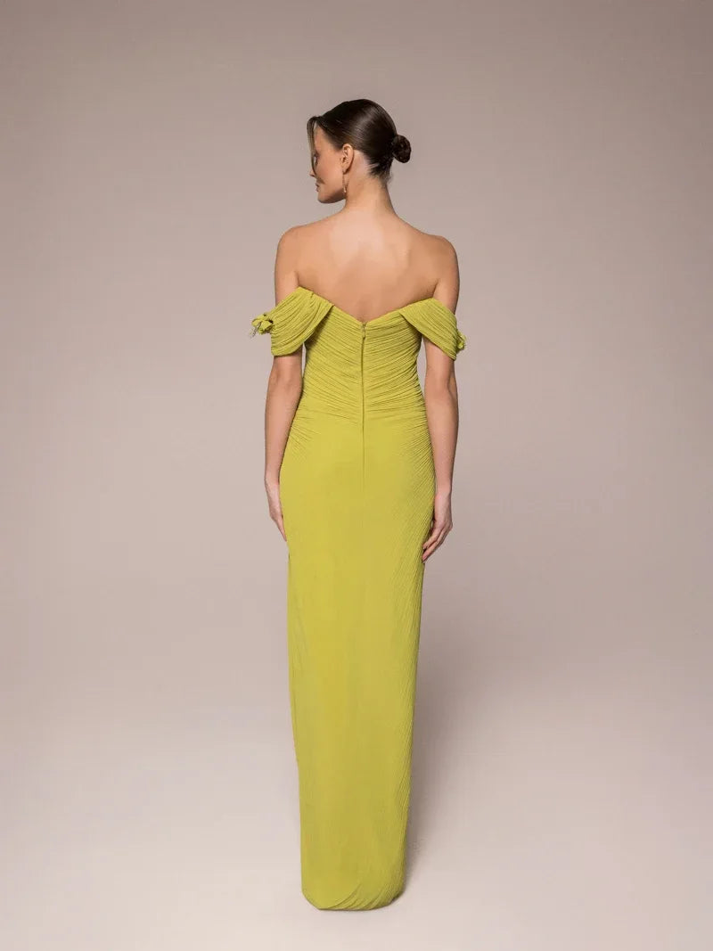 25042-Çiçek Kollu Yırtmaçlı Elbise - Kenzel