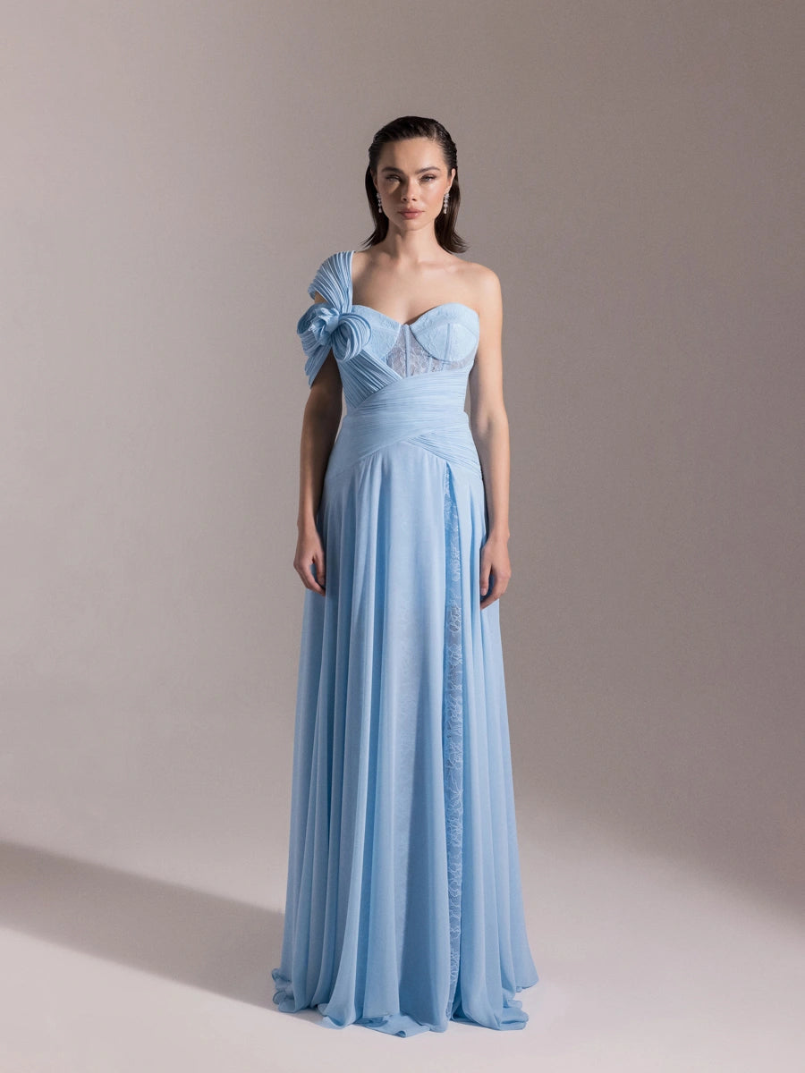 25043-Straplez Fransız Danteli Pliseli Kloş Elbise