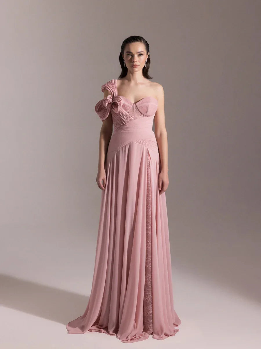 25043-Straplez Fransız Danteli Pliseli Kloş Elbise - Kenzel