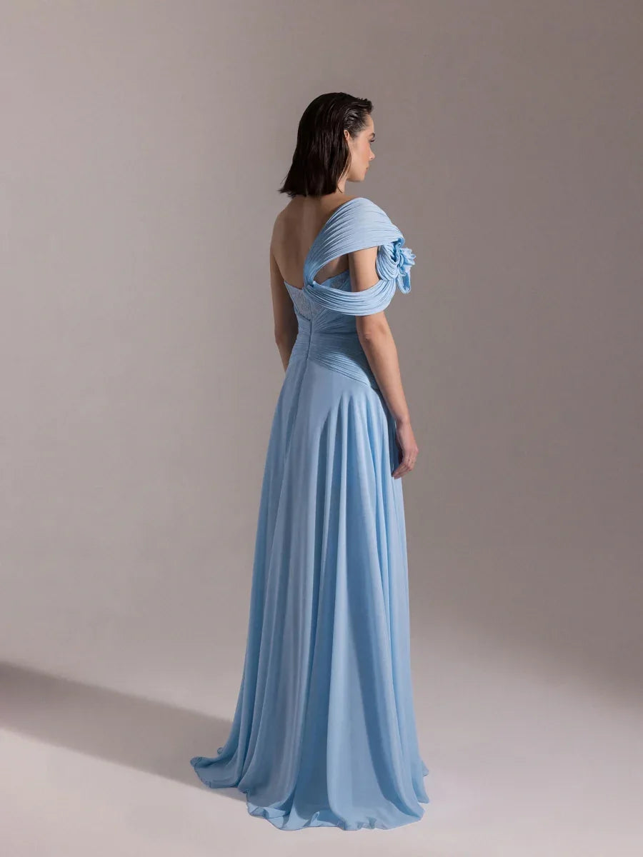 25043-Straplez Fransız Danteli Pliseli Kloş Elbise - Kenzel