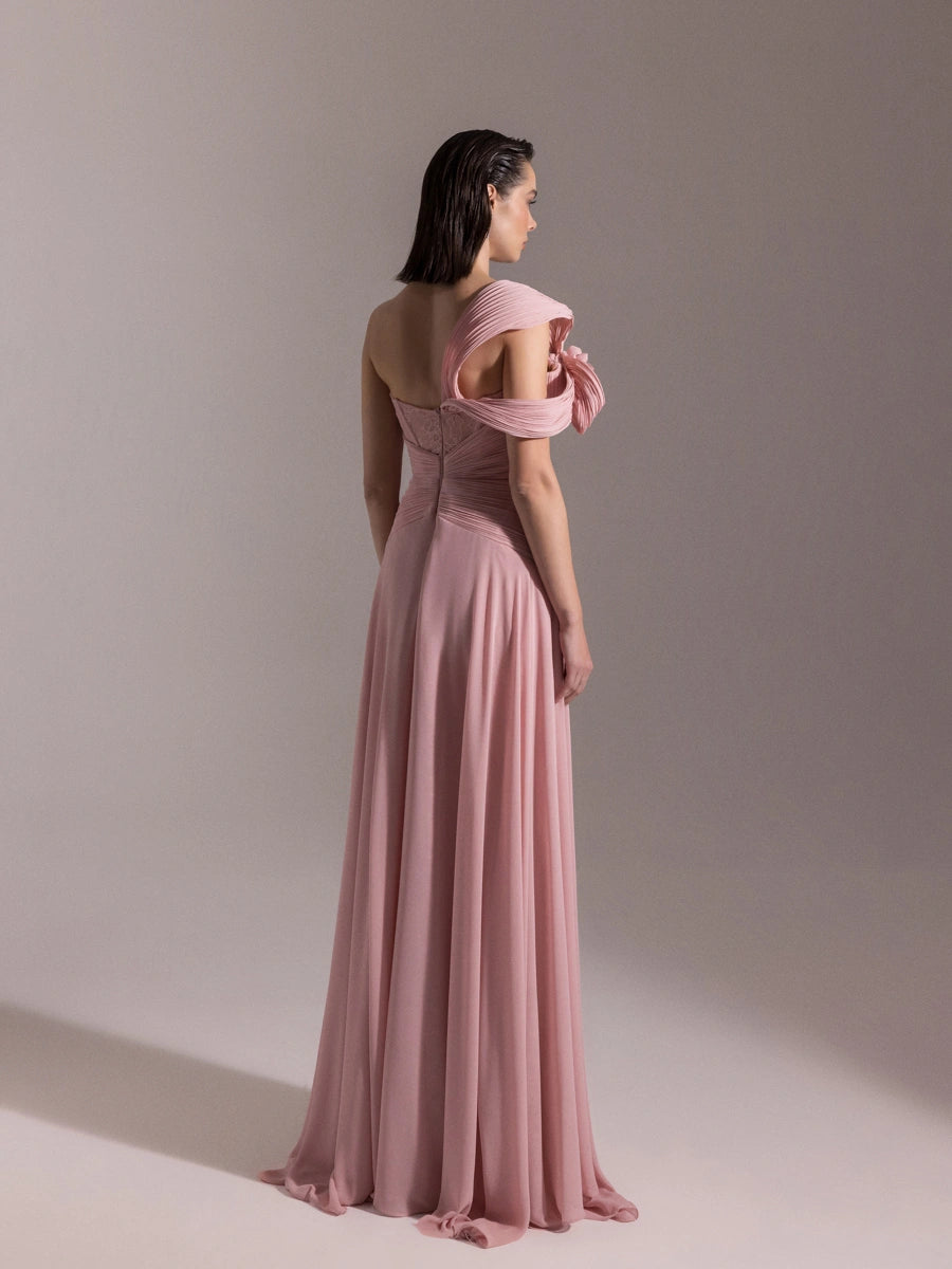 25043-Straplez Fransız Danteli Pliseli Kloş Elbise