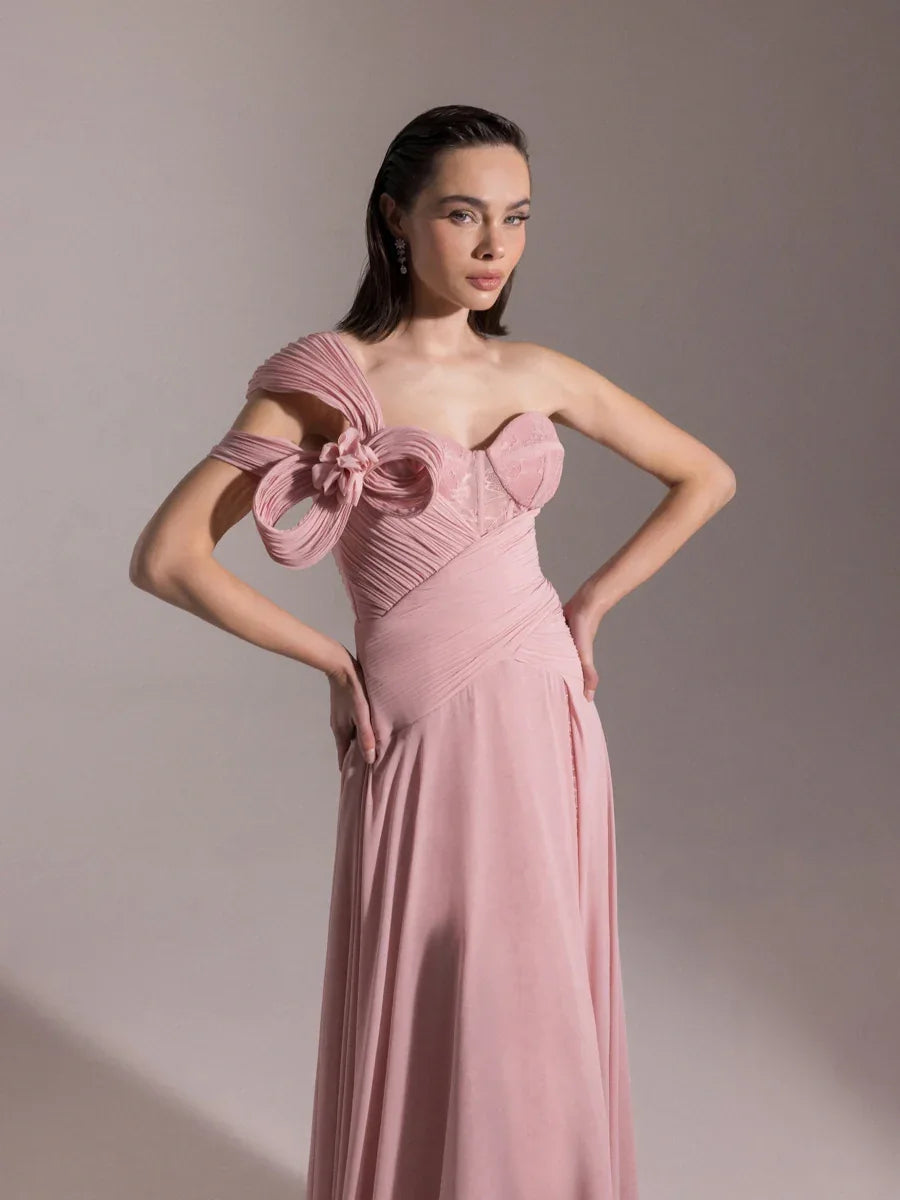 25043-Straplez Fransız Danteli Pliseli Kloş Elbise - Kenzel