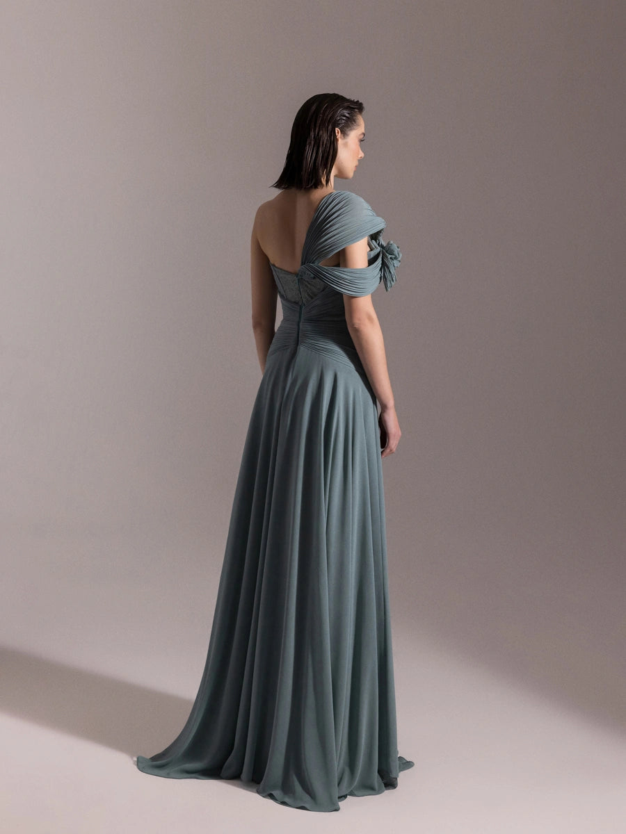 25043-Straplez Fransız Danteli Pliseli Kloş Elbise