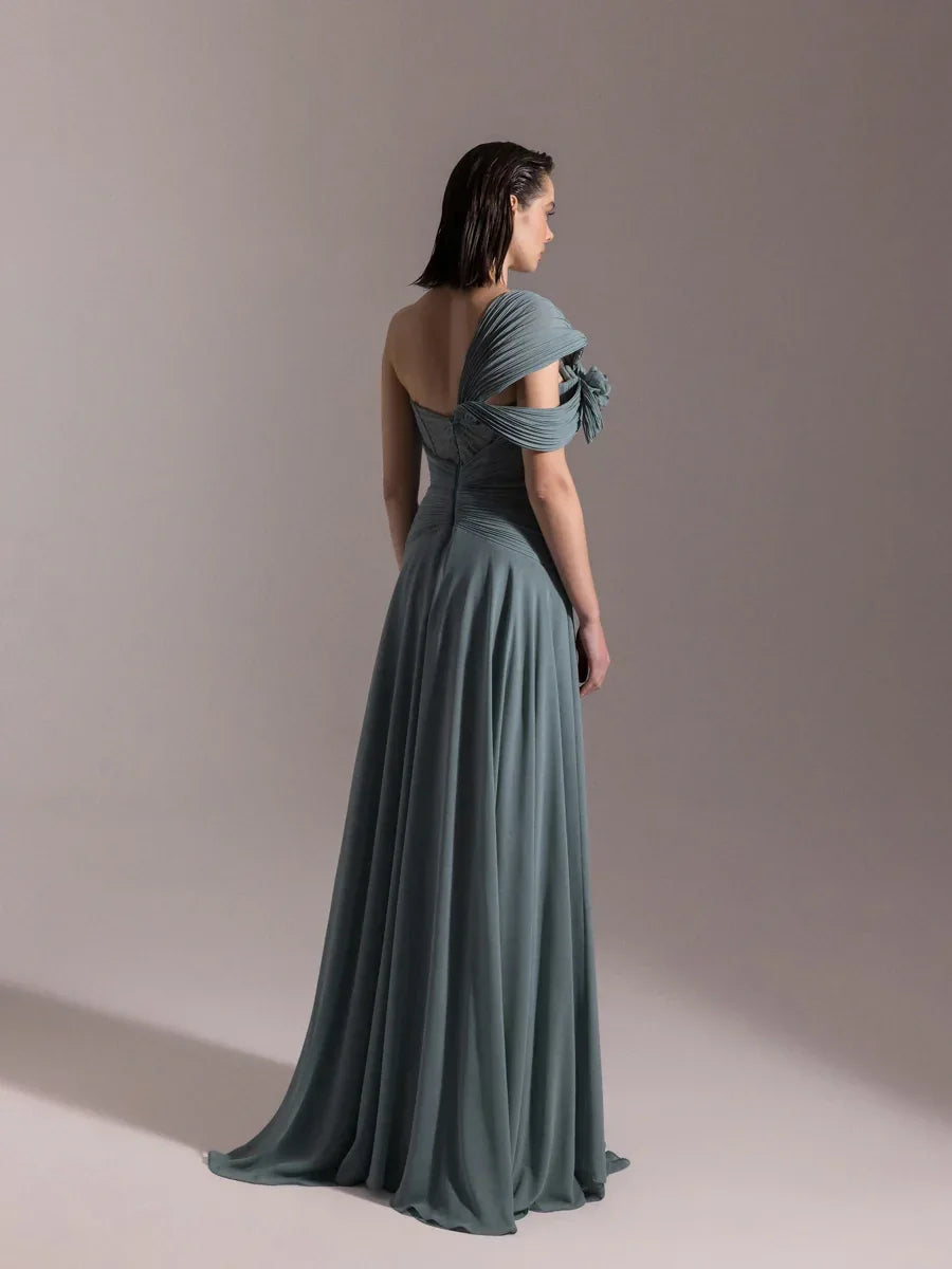 25043-Straplez Fransız Danteli Pliseli Kloş Elbise - Kenzel