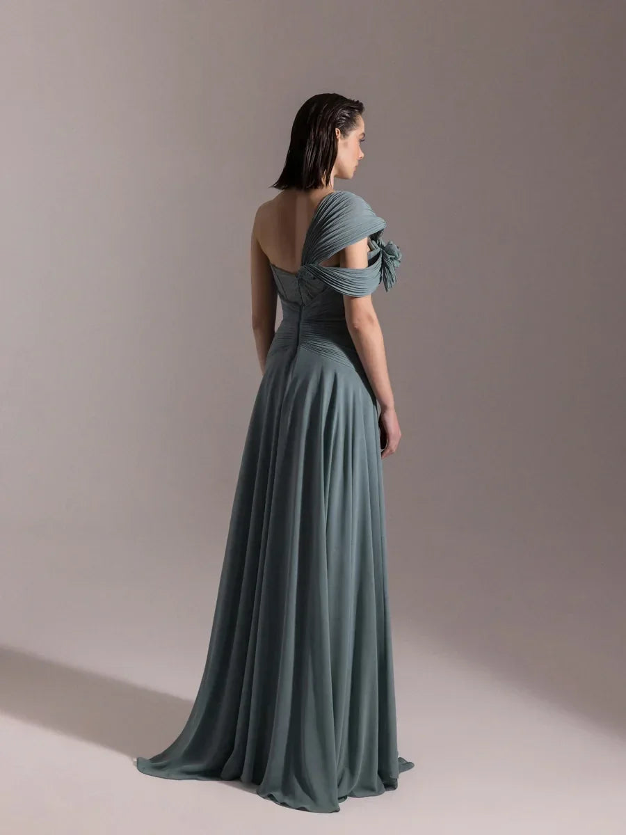 25043-Straplez Fransız Danteli Pliseli Kloş Elbise - Kenzel