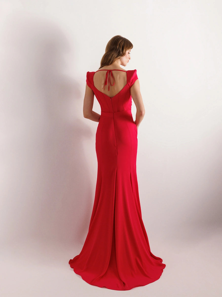 25047-Short Sleeve Mermaid Evening Dress with Padded Shoulders