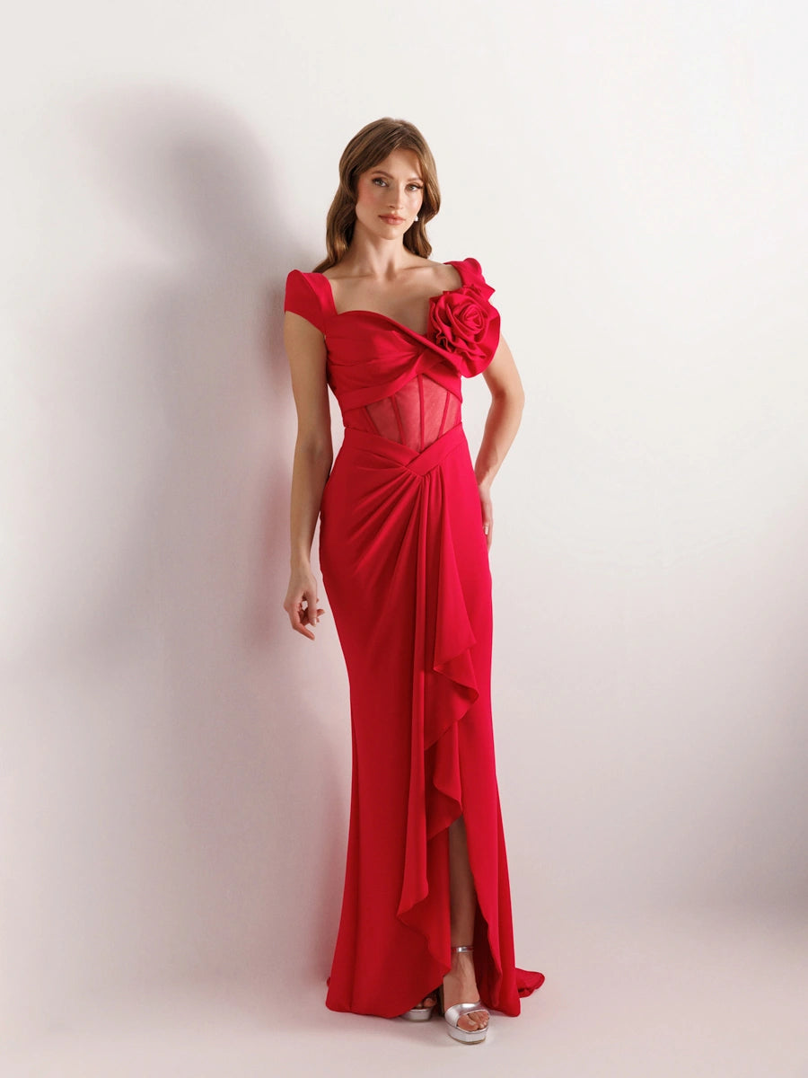 25047-Short Sleeve Mermaid Evening Dress with Padded Shoulders