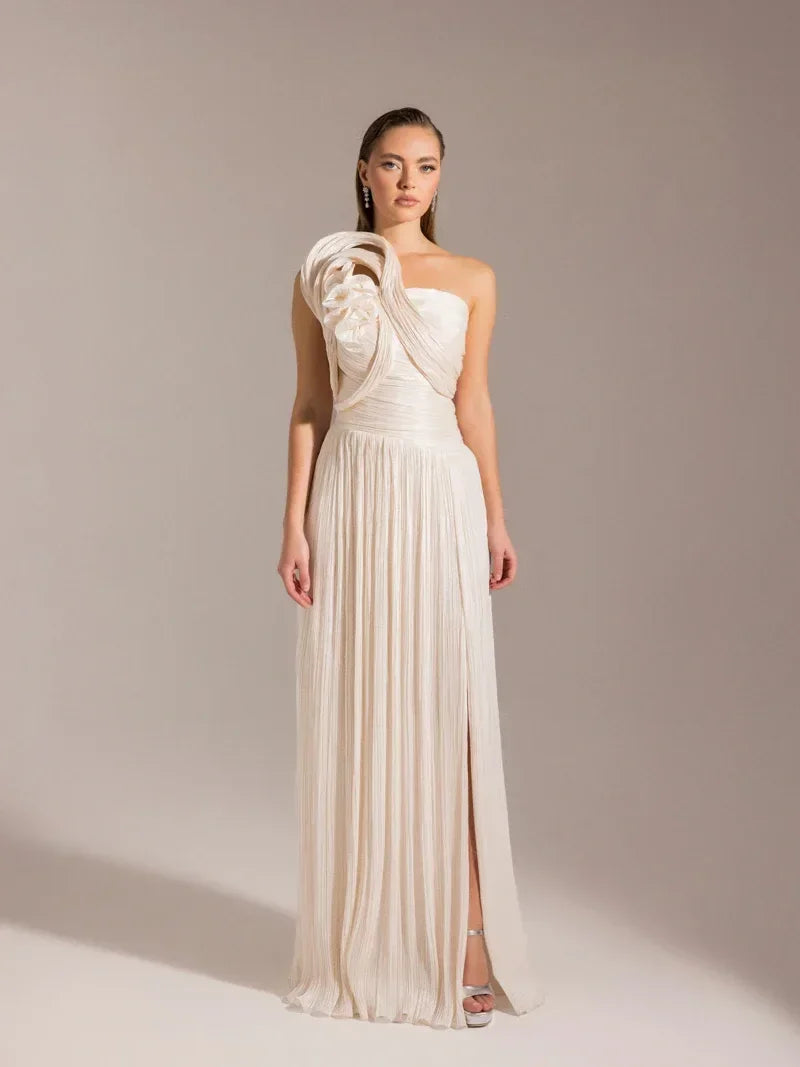 トップス ANDWANG Sculpted Pleated Ribbon Dress 25049-Shoulder Detailed Pleated Flared Evening Dress