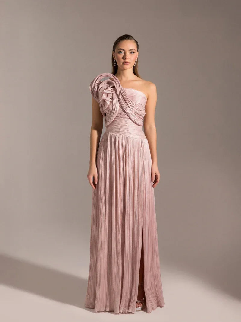 25049-Omuzu Detaylı Pliseli Kloş Abiye Elbise - Kenzel