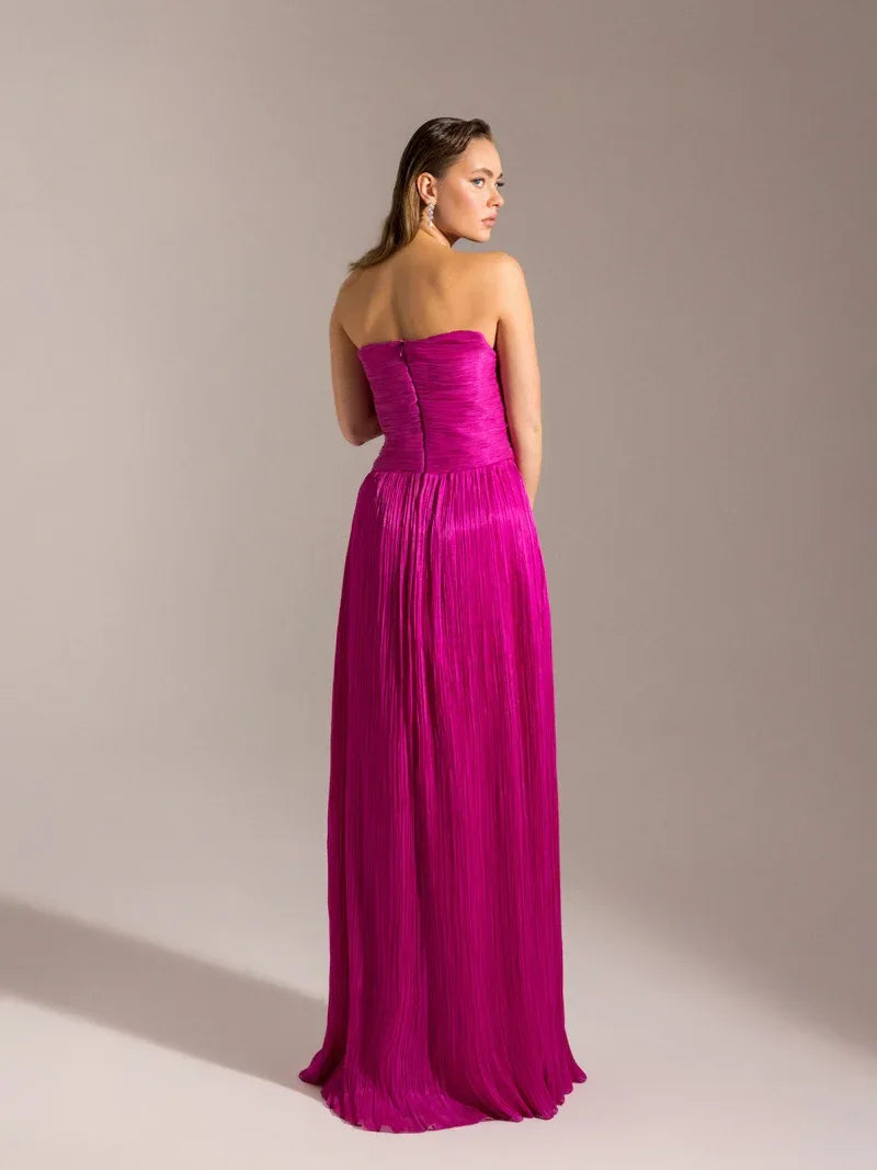 25049-Omuzu Detaylı Pliseli Kloş Abiye Elbise - Kenzel