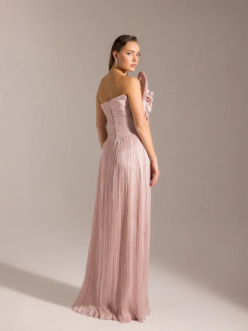 25049-Omuzu Detaylı Pliseli Kloş Abiye Elbise - Kenzel