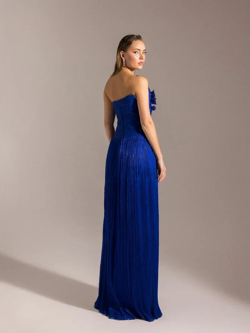 25049-Omuzu Detaylı Pliseli Kloş Abiye Elbise - Kenzel