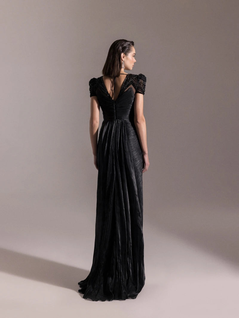 25051-Omuz İşleme Detaylı Pilise Abiye Elbise