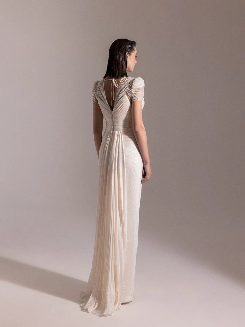 25051-Omuz İşleme Detaylı Pilise Abiye Elbise