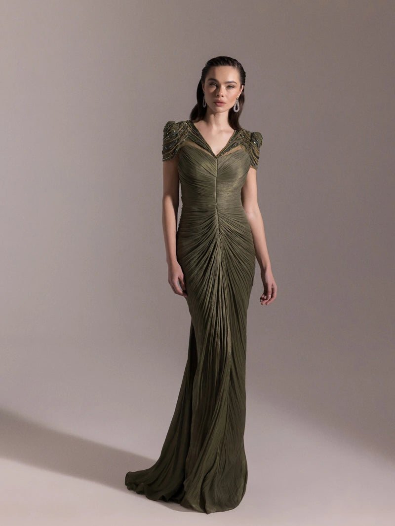 25051-Omuz İşleme Detaylı Pilise Abiye Elbise