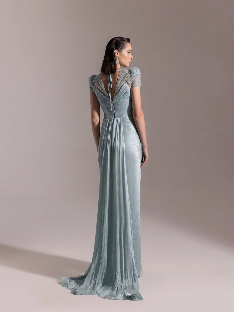 25051-Omuz İşleme Detaylı Pilise Abiye Elbise