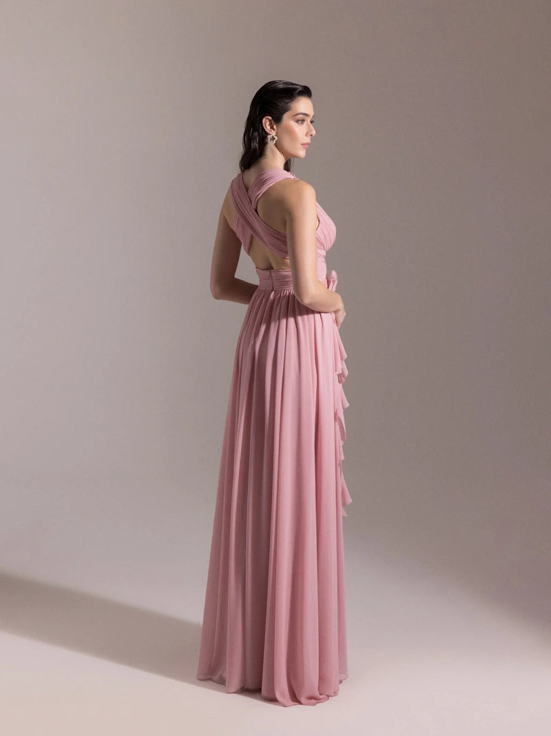 Sırt Detaylı Pı̇lı̇selı̇, Yırtmaçlı Kloş Elbı̇se Pudra Arka