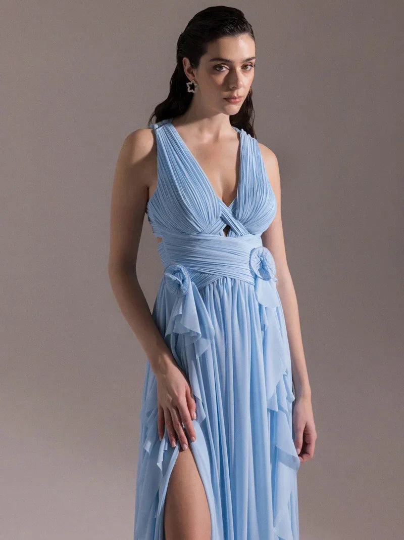 25062-V Yaka Piliseli Yırtmaçlı Abiye Elbise - Kenzel