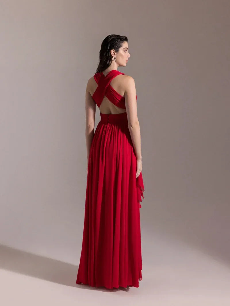 25062-V Yaka Piliseli Yırtmaçlı Abiye Elbise - Kenzel