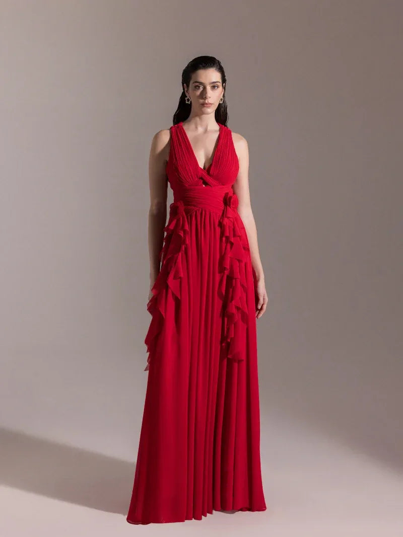 25062-V Yaka Piliseli Yırtmaçlı Abiye Elbise - Kenzel