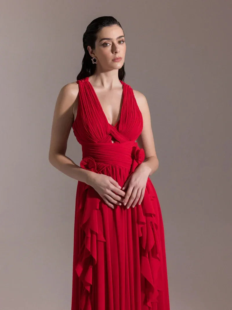 25062-V Yaka Piliseli Yırtmaçlı Abiye Elbise - Kenzel