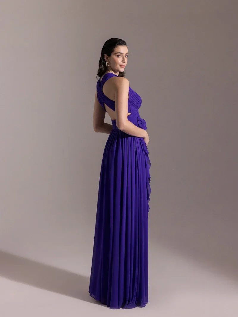 25062-V Yaka Piliseli Yırtmaçlı Abiye Elbise - Kenzel