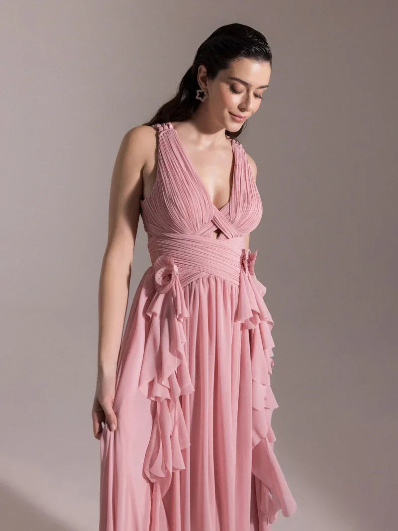 25062-V Yaka Piliseli Yırtmaçlı Abiye Elbise - Kenzel