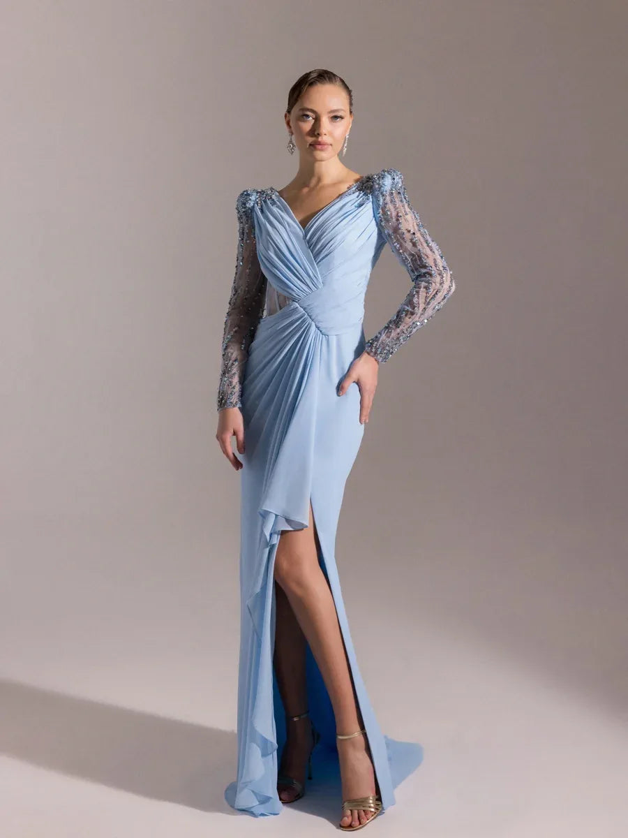 25066-V Yaka Omuzları İşlemeli Uzun Abiye Elbise - Kenzel