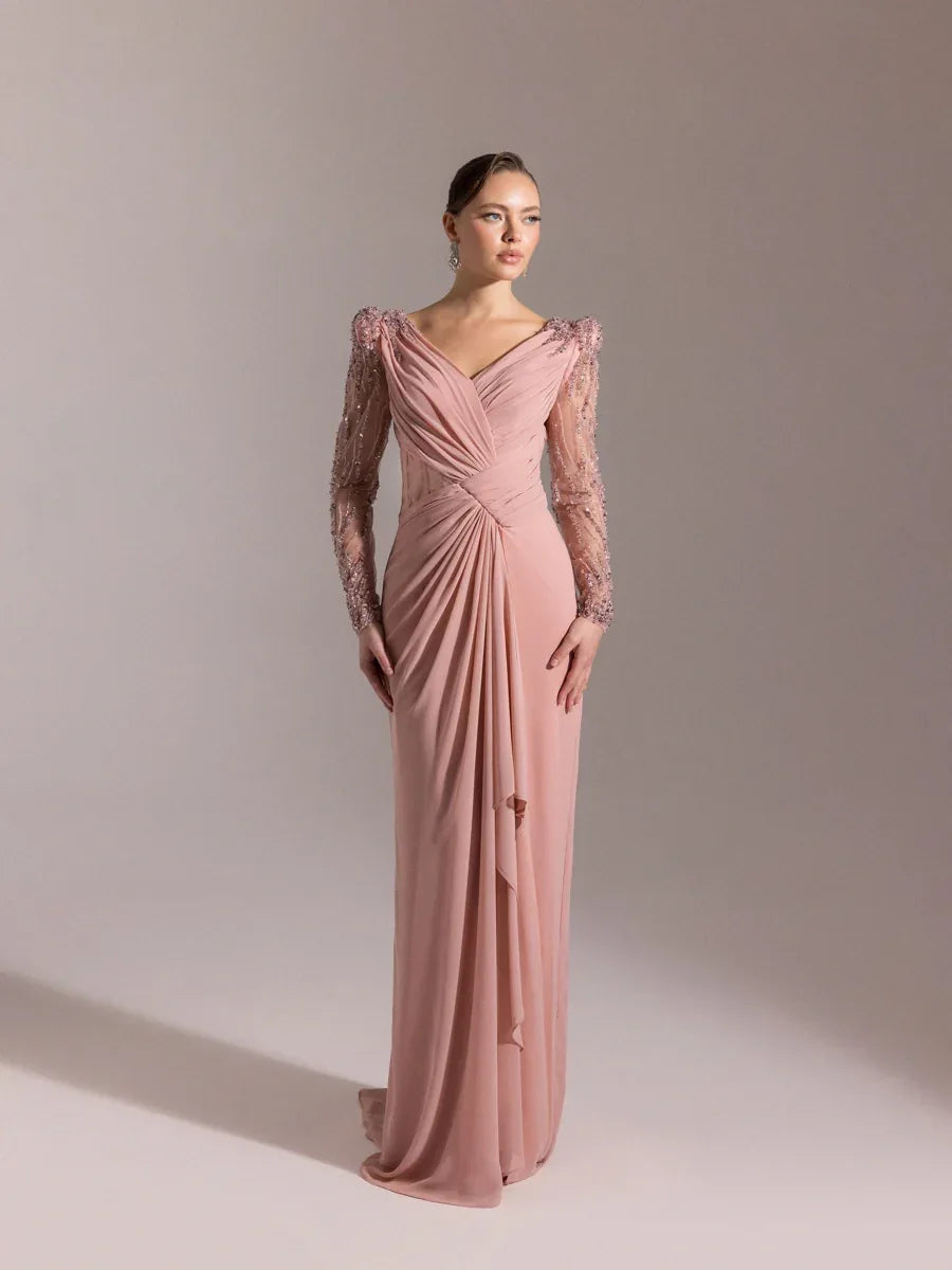 25066-V Yaka Omuzları İşlemeli Uzun Abiye Elbise - Kenzel