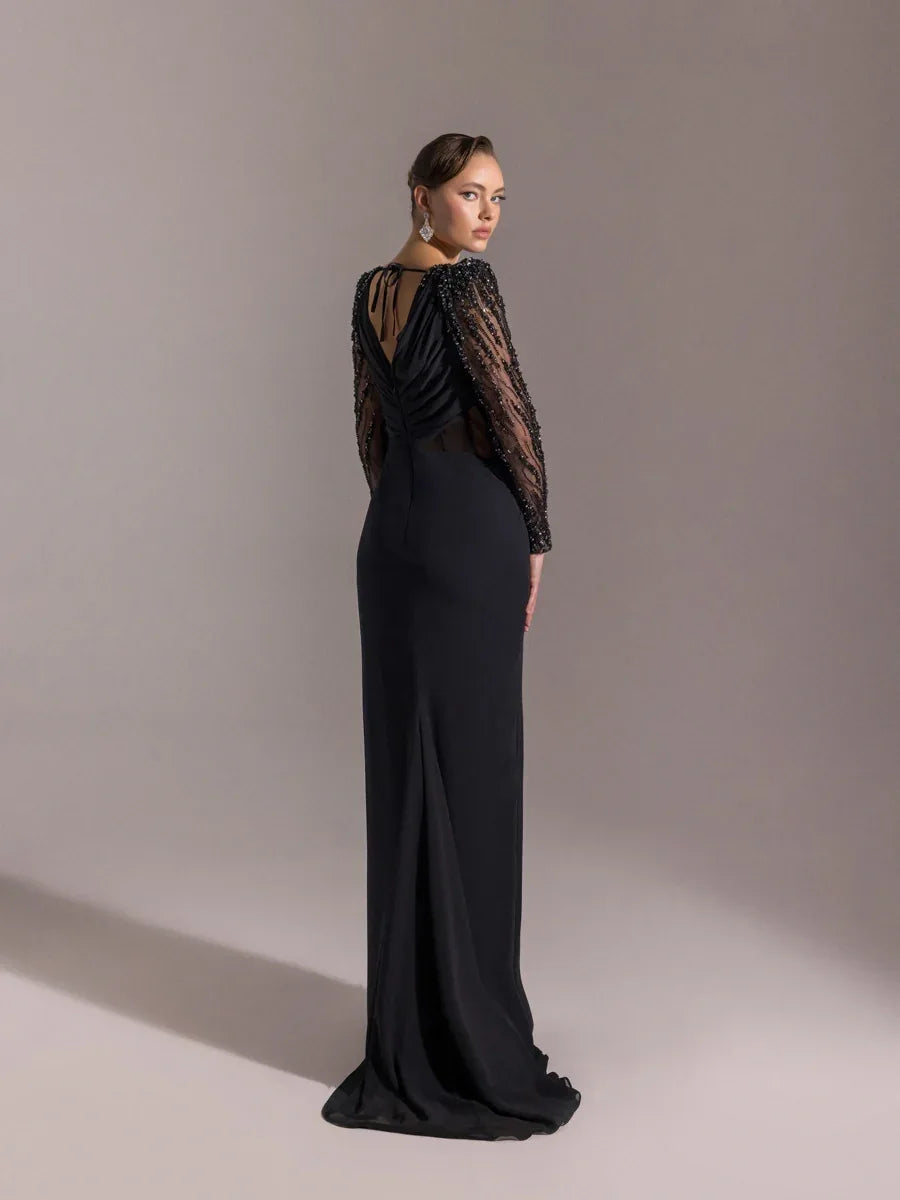 25066-V Yaka Omuzları İşlemeli Uzun Abiye Elbise - Kenzel